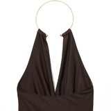 HXAO Brown Halter Bodysuit Women Summer Bodys For Sexy Women Off Shoulder Sleeveless Thong Bodysuit With Open Back Rave Bodysuit