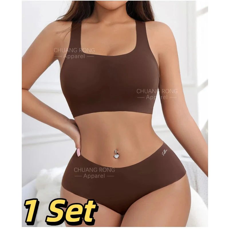 2026 Hot Sale High Quality Latest Design Us Size Stylish Solid Ice Silk Seamless Wireless Bras And Women Underwear Set