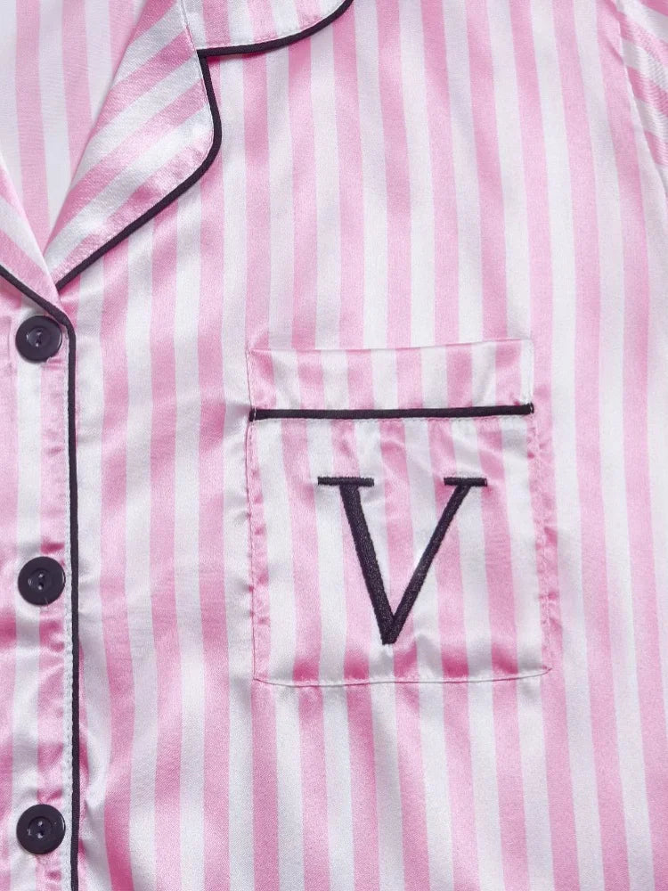 Striped Embroidered Letter Pocket Short Sleeve And Shorts Pajama Set Casual Satin Sleepwear Lapel Collar Classic Print