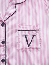 Striped Embroidered Letter Pocket Short Sleeve And Shorts Pajama Set Casual Satin Sleepwear Lapel Collar Classic Print