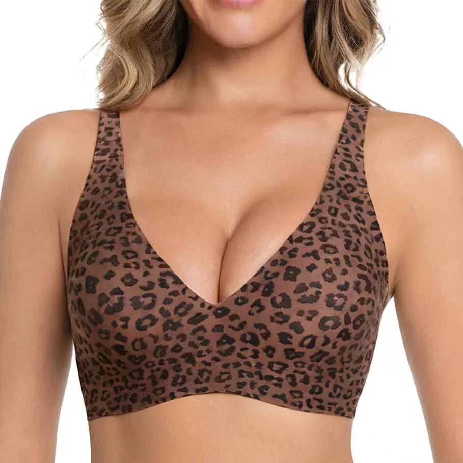 Deep V Jelly Bras Wireless Comfortable Bra Supportive No Underwire Bras Tshirt Push Up Bralette Pink Leopard Plunge Seamless Bra