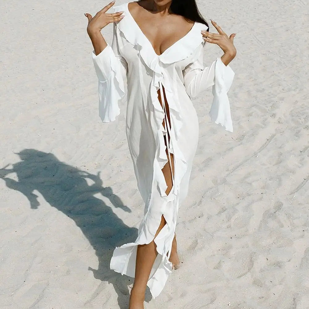 V Neck Summer Beach Cover Up Long Sleeve Ruffled Bikini Sunscreen Smock Vacation Casual Swimsuit Cover Up Dress for Women