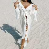V Neck Summer Beach Cover Up Long Sleeve Ruffled Bikini Sunscreen Smock Vacation Casual Swimsuit Cover Up Dress for Women