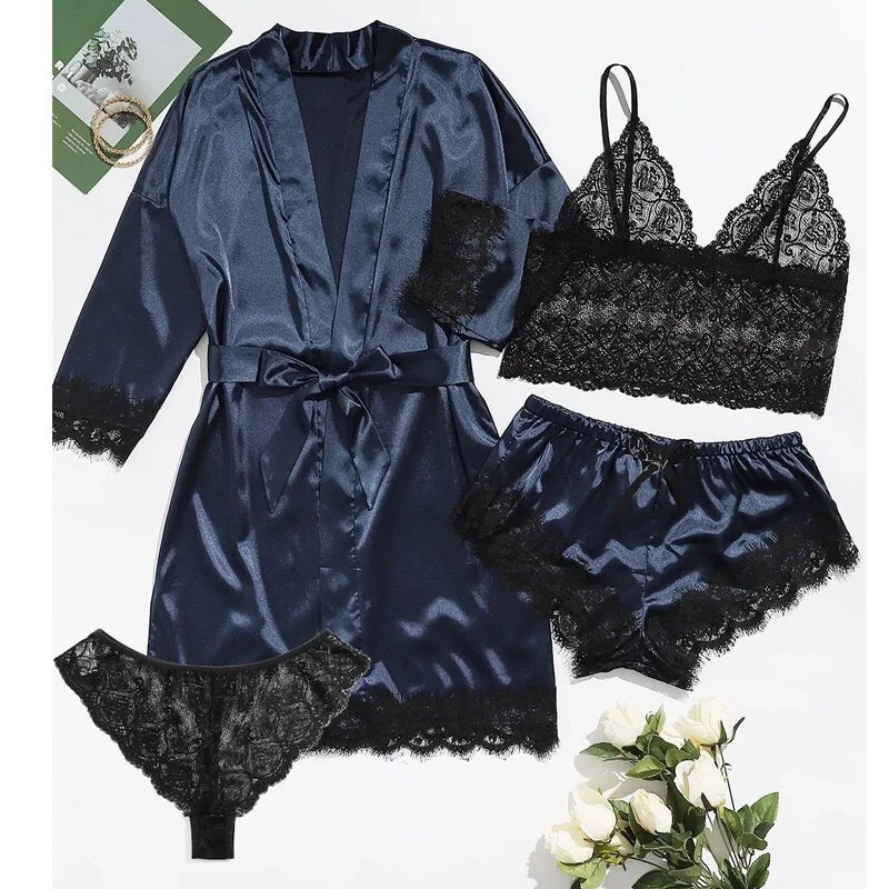 2025New Women's Pajama Fashion 4-piece Set Lace Satin Strap Sexy Pajama Set Dress Skin friendly Comfortable Casual Pajama Skirt