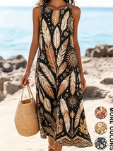 2026 Women's Sleeveless Bohemian Floral Casual Beach MIDI Sundress With Pockets Flowing and Loose Sweetheart Rustic Country