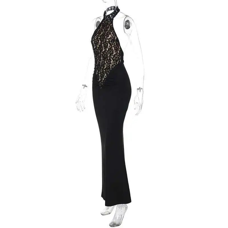 Mozision Lace Halter Backless Sexy Maxi Dress For Women Black Off-shoulder Strapless Sleeveless Bodycon Club Party Long Dress