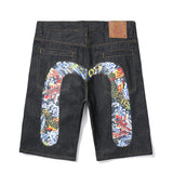 Men Embroidery Denim Shorts Black Hiphop Jeans Pants Cherry Blossom Dragon Totem Washed Zipper Cotton Summer cherry blossoms 024