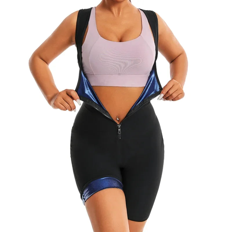 Women Hot Thermo Sauna Bodysuit One Piece Jumpsuit Shapewear Fitness Workout Sweating Bodysuit Body Shaper Thigh Trimmer Shorts