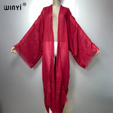 WINYI 2023 Women Bohemian Gold Thread Monochrome Elegant Casual Dress African Cardigans Outerwear For Women Summer Sexy Kimono