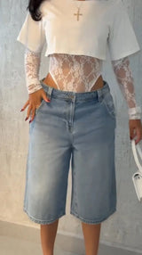 Sexy Women Crop Top+Lace Jacquard Full Sleeve Bodysuit Hottie Street Clubwear Slim Fit Wild Matching Basic Skinny Tees+Jumpsuit