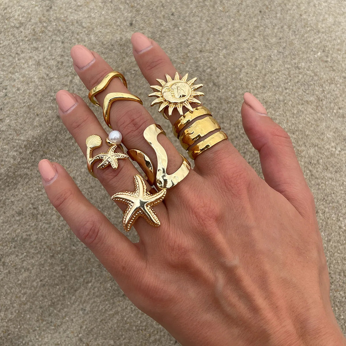 6pcs Set Exaggerated Personality Summer Starfish Shells Sun Flower Rings for Women Retro Irregular Charm Finger Jewelry Set Gift