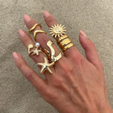 6pcs Set Exaggerated Personality Summer Starfish Shells Sun Flower Rings for Women Retro Irregular Charm Finger Jewelry Set Gift