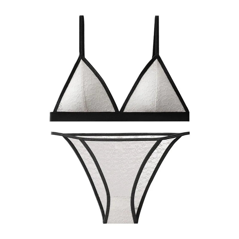 Women Triangle Bra and Panties Set Sheer Floral Lace Bralette Low-Rise Briefs Sexy Lingerie Set Removable Pads Ladies Underwear