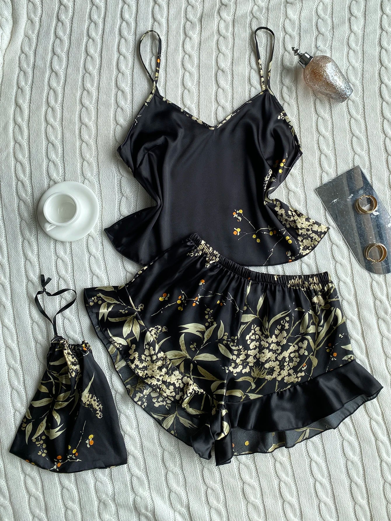 Elegant Floral Print Cami Tops Ruffle Hem Shorts Pajama Set  Women's Sleepwear Loungewear