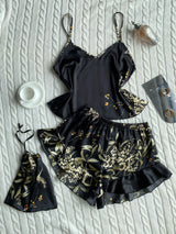 Elegant Floral Print Cami Tops Ruffle Hem Shorts Pajama Set  Women's Sleepwear Loungewear