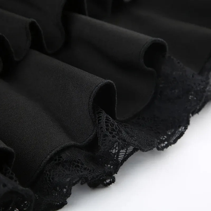 Goth Y2K Black Lace Trim Bow A Line Mini Skirt Women Korean Streetwear