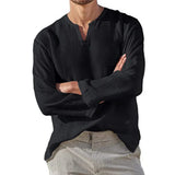 Men's Cotton Linen Shirt Cozy Solid Color Long Sleeve Breathable Tops V Neck Casual Blouse Hawaiian Shirt Lightweight Shirts