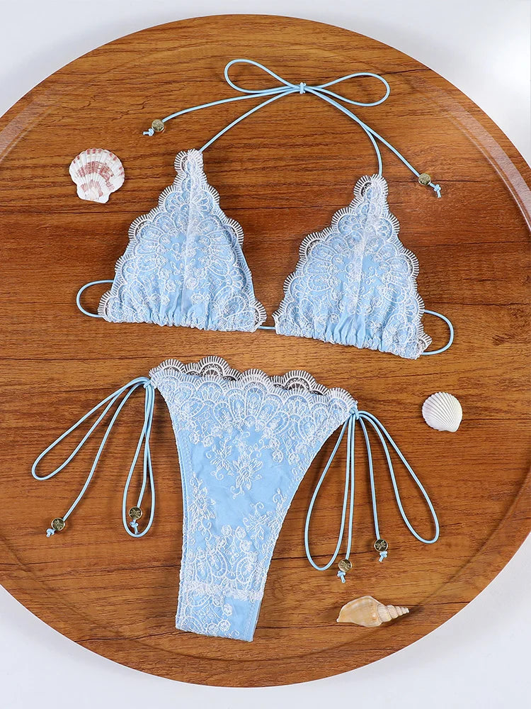 Sexy Hollow Lace Bikinis Patchwork Swimsuit Women Bathing Suits Bandage Swimwear Mujer Beachwear Triangle Bikini Set