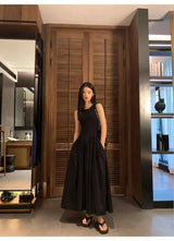 New Vintage Holiday Style Black Midi Dress Dresses for Women Clothing O Neck Office Lady Casual Pockets Women's Clothing