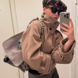 Fashion Short Woolen Coat For Women Stand Collar Full Sleeve Loose Zipper Jacket Female 2025 Spring Autumn Solid Lady Outwear