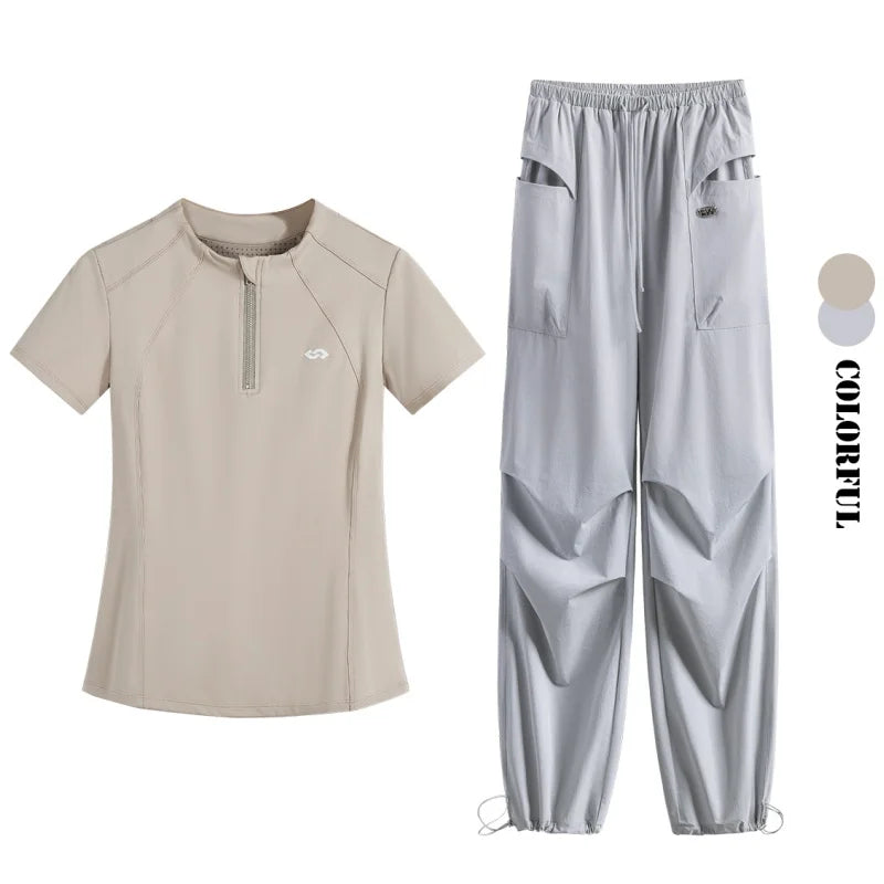 DRUR Summer Hiking Tracksuit Women Breathable Quick Dry Running Set  2 Piece Gym Outfit Slim Fit Sports Top Cargo Pants Suit New