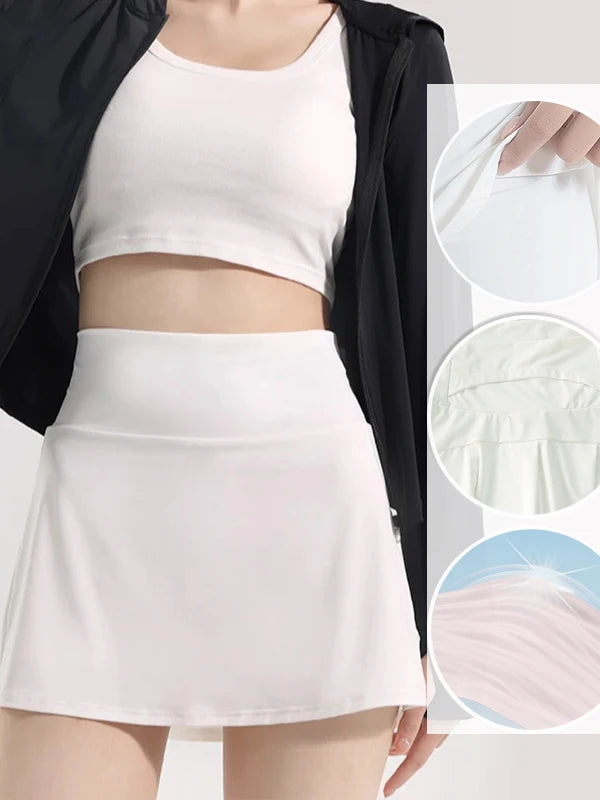 Women's High Waisted Cooling Ice Silk Skort - Quick-Dry, Anti-Exposure, Side Pockets, UV Protection for Yoga Running Fitness