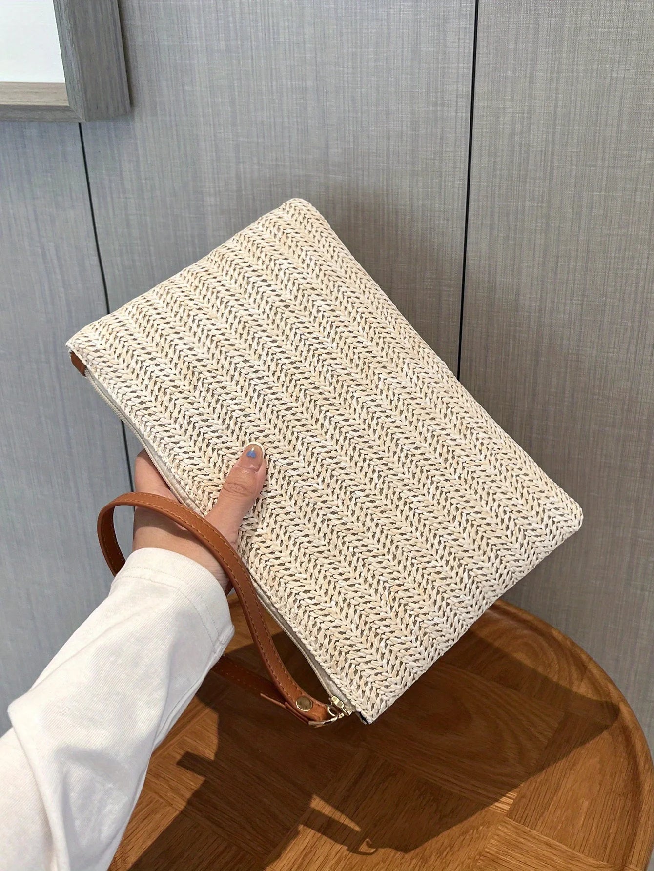 Straw Woven Clutch Bag, Trendy Braided Waist Purse, Women's Zipper Handbags for Phone Coin Key, Lady's Ultra Thin Straw Bag