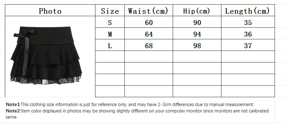 Goth Y2K Black Lace Trim Bow A Line Mini Skirt Women Korean Streetwear