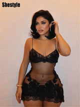 Shestyle Lace Transparent Mini Dress Sexy Women Wrapping Spaghetti Embroidery Flower Sheath Nightwear Club Mesh Wave Fantacy
