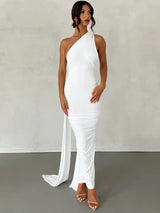 Hugcitar One Shoulder Backless Adjustable Scarf Loop Ruched Sexy Maxi Dress Women Elegant Y2K Streetwear Festival Outfit