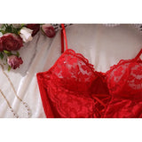 Sexy Bra And Garter Belt Lingerie Hot Red Babydoll Dress Erotic Women Exquisite 3-Piece Sets Thong Nightgown Set With Leg Rings