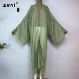 WINYI 2023 Women Bohemian Gold Thread Monochrome Elegant Casual Dress African Cardigans Outerwear For Women Summer Sexy Kimono