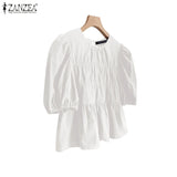 ZANZEA Women Summer Tops Short Sleeve Blouse 2025 Casual Solid Color Tunic Female Ruffled Round Neck Pleated Blusas Oversized