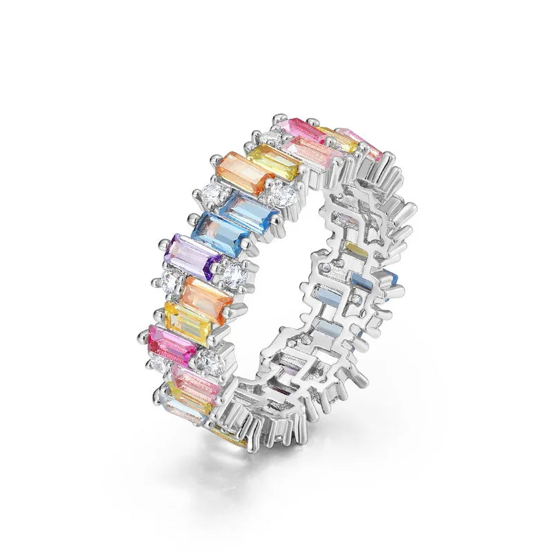 ALLNOEL Rainbow Band Ring for Woman Pure 925 Sterling Sliver 5A Zircon Eternity Fine Jewelry Colorful Engagement Birthday Gifts