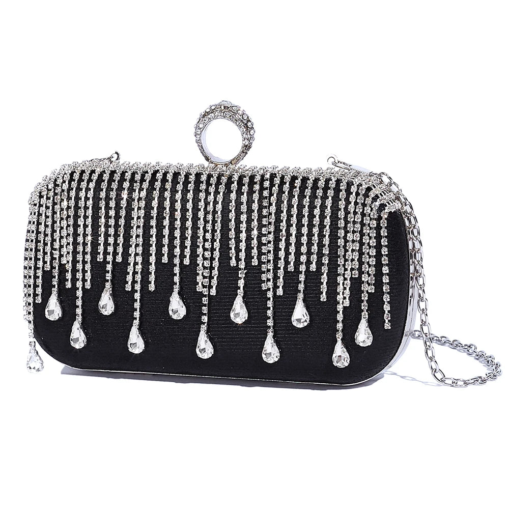 @Luxury Evening Clutch Bag Wedding Rhinestone Tassel Handbag Silver Purse Party Shoulder Bag for Women Fashion Black Bag
