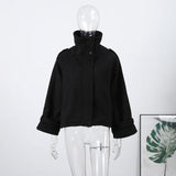 Fashion Short Woolen Coat For Women Stand Collar Full Sleeve Loose Zipper Jacket Female 2025 Spring Autumn Solid Lady Outwear