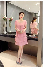 2026 Dress For Women Summer Wave Cut Ruffle Sweet Solid Short Sleeve Slim Dresses Lady Casual All-match Vestido O-Neck Chiffon