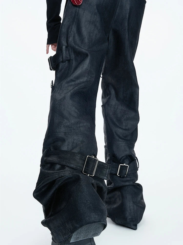 Mauroicardi Spring Long Black Distressed Waxed Cotton Denim Pants Man Metal Buckle Strap Streetwear Jeans Fashion Man Clothing