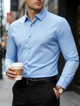 New Men Shirt Elegant Fashion European Long Sleeve Classic Smart Casual Elastic Anti-pilling Male Business Dress Shirts