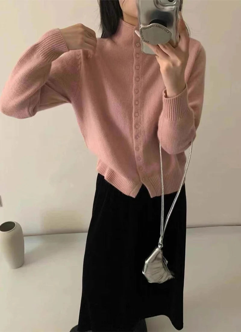 New Soft Comfortable Stand-Up Collar Sweater Cardigan Women Simple Single Breasted Cardigans Coat Autumn Solid Knitted Outerwear