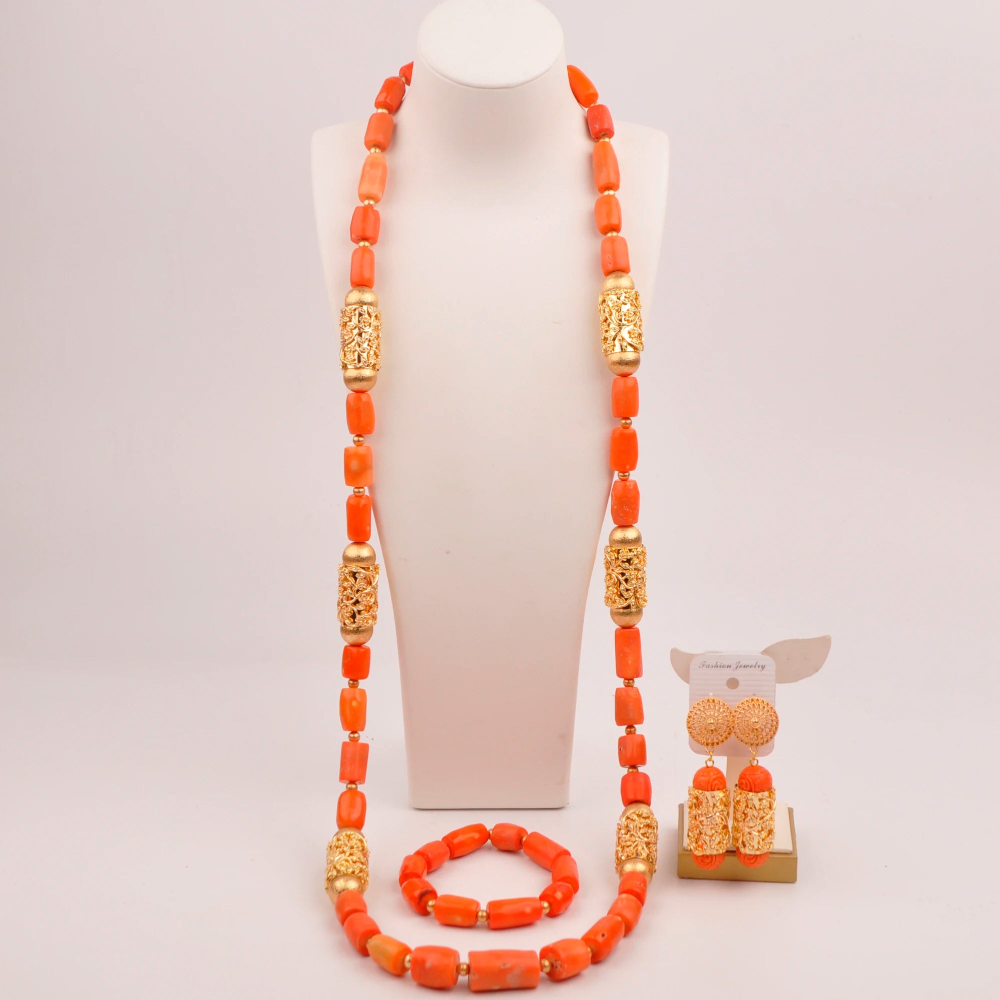 32inches 2Layers orange artifinal nigerian coral bead jewelry set wedding