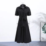 Elegant Belt Women Long Black Dress Full Sleeve Pleated Lapel Waist-Closed Female  A Line Dresses 2026 Spring Lady Robes New