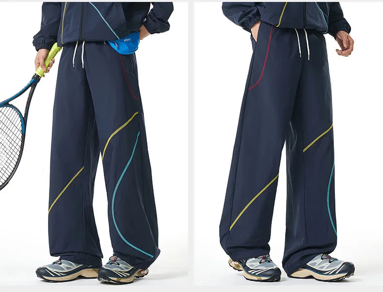 Unisex 2‑Pieces Tracksuit Set Color Contrast Stitching Stand Collar Zip‑Up Jacket Wide Leg Pants Windproof Outdoor Hiking Set