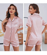 Summer Silk Satin Pajamas Set Women Sleepwear Button-Down Short Sleeve Tops and Shorts Two-piece Pijama Sets Loungewear