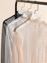 Women Elegant High Neck Polka Dot Blouse Mesh Lace Stitching Puff Long Sleeve Shirt Slim Fit Office Ladies Fashion Daily Tops
