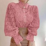 New Women's Long Sleeve High Neck  Chic Blouse, Lace Paneled Hollow Sleeve Elegant Top, Vintage Fashion Office Lady Outfits