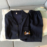 Embroidery Dog Sweet Fashion Cute Pajamas Set for Women Plaid Lapel Neck Elastic Waist Design Pajamas Short New Casual Nightwear