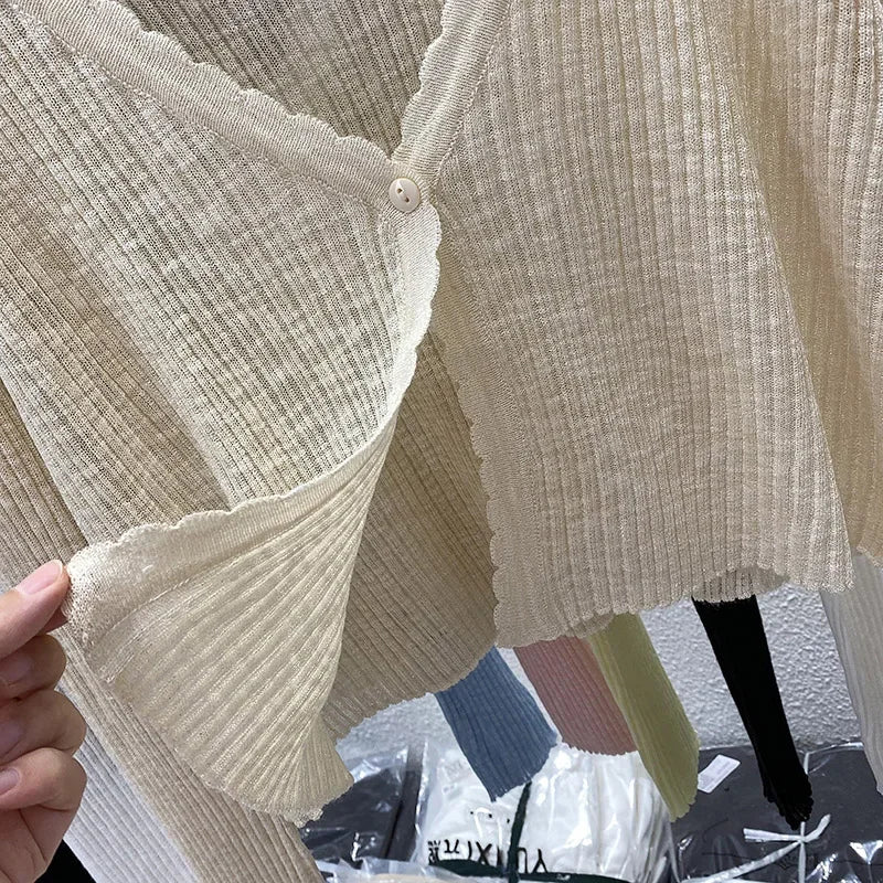 Summer Short Ice Silk Knitted Sun Protection Cardigan Women's Thin Suspender Skirt Layered Gauze Jacket Air-conditioned Cover Up