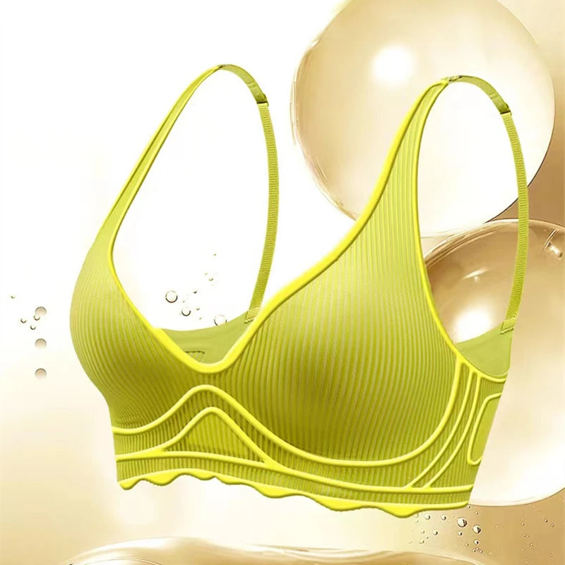 Seamless Women's Bra Small Chest Big Hollow Design Underwear Support Non-removable Semi-fixed Cup One Piece Striped Thin Bra