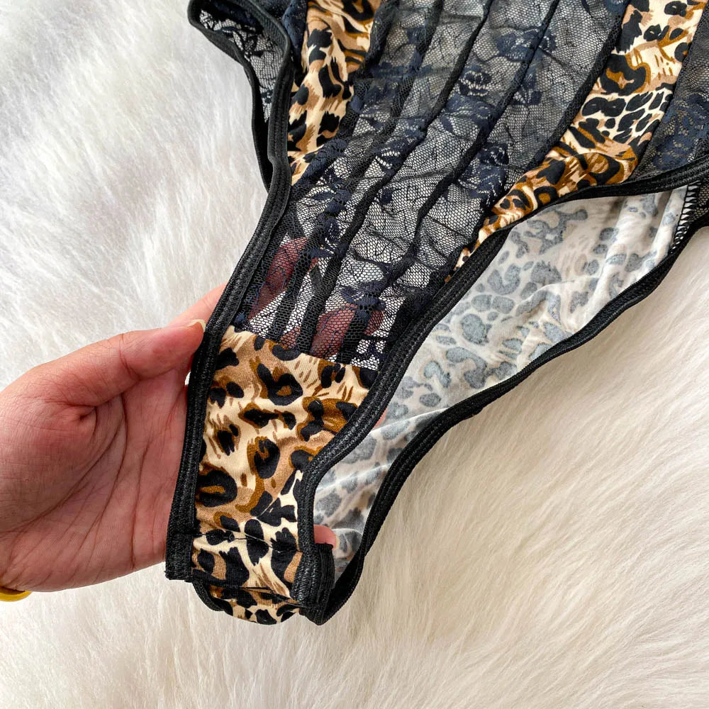 Women Hotsweet V-neck leopard slim  Vintage Straps Bodysuits Chic lace Jumpsuits Slim Top Clothing